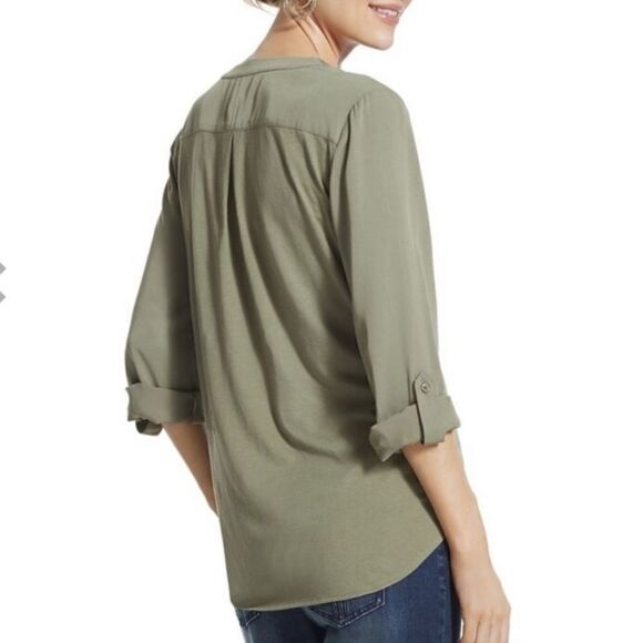 Chico's Madison Tie Front Hi-Low Fatigue Green Long Sleeve Top - Picture 2 of 16